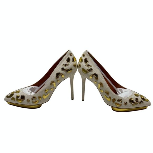 NEW w/ Box & Dust Covers Charlotte Olympia Debbie Linen & Gold Pumps EU 40 $975 - Picture 3 of 8